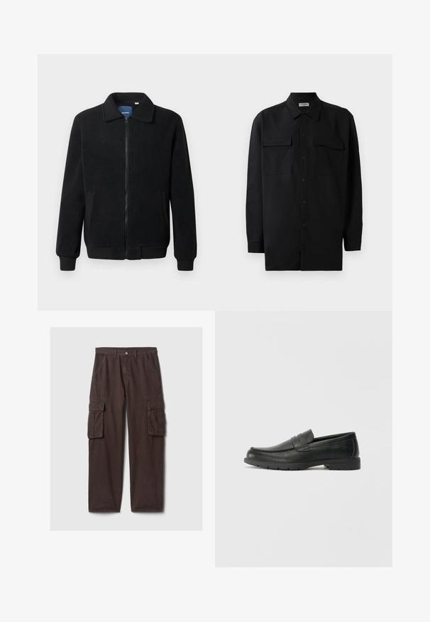 Jachetă din fleece neagră, cu închidere prin fermoar, guler înalt, manșete ribbate și buzunare laterale cu o suprafață texturată.; Cămașă neagră cu nasturi, confecționată dintr-un material neted, având un guler clasic, două buzunare frontale și mâneci lungi cu manșete cu nasturi.; Pantaloni cargo maronii din bumbac rezistent. Au multiple buzunare utile, curea cu bucle și un croi drept. Textură netedă, design clasic.; Labeled cu oglindă din piele neagră cu un finisaj neted, partea superioară în stil mocasin, detalii cusute și o talpă din cauciuc. Design clasic cu un toc jos.