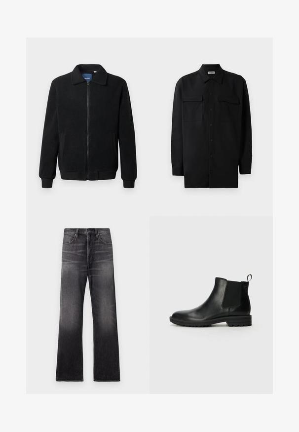 Casaco de polar preto com fecho de correr, gola alta, punhos canelados e bolsos laterais com uma superfície texturizada.; Camisa preta de botão, feita de um tecido suave, com golas clássicas, dois bolsos frontais e mangas longas com punhos abotoados.; Calças de ganga pretas com corte reto, apresentando um acabamento desbotado, bolsos frontais, passantes para cinto e detalhes de costura visíveis.; Jack & Jones JFWHOSKINS - Botas clássicas de cano curto - anthracite