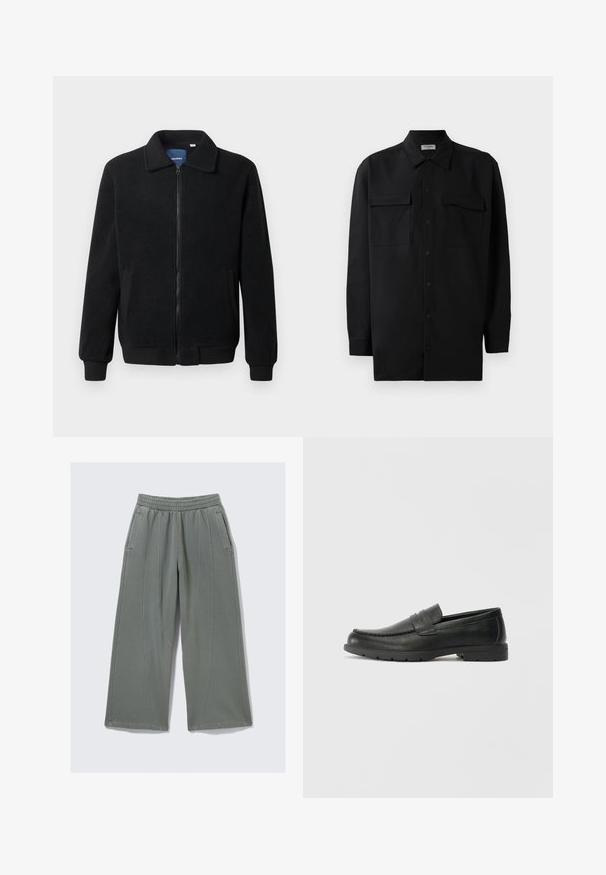 Casaco de polar preto com fecho de correr, gola alta, punhos canelados e bolsos laterais com uma superfície texturizada.; Camisa preta de botão, feita de um tecido suave, com golas clássicas, dois bolsos frontais e mangas longas com punhos abotoados.; Calças largas de tom cinza claro, feitas de um tecido suave, com um cós elástico e dois bolsos laterais, apresentando detalhes de costura visíveis.; Sapatos mocassins de couro preto com acabamentos lisos, parte superior em estilo mocassins, detalhes em costura e sola de borracha. Design clássico com um salto baixo.