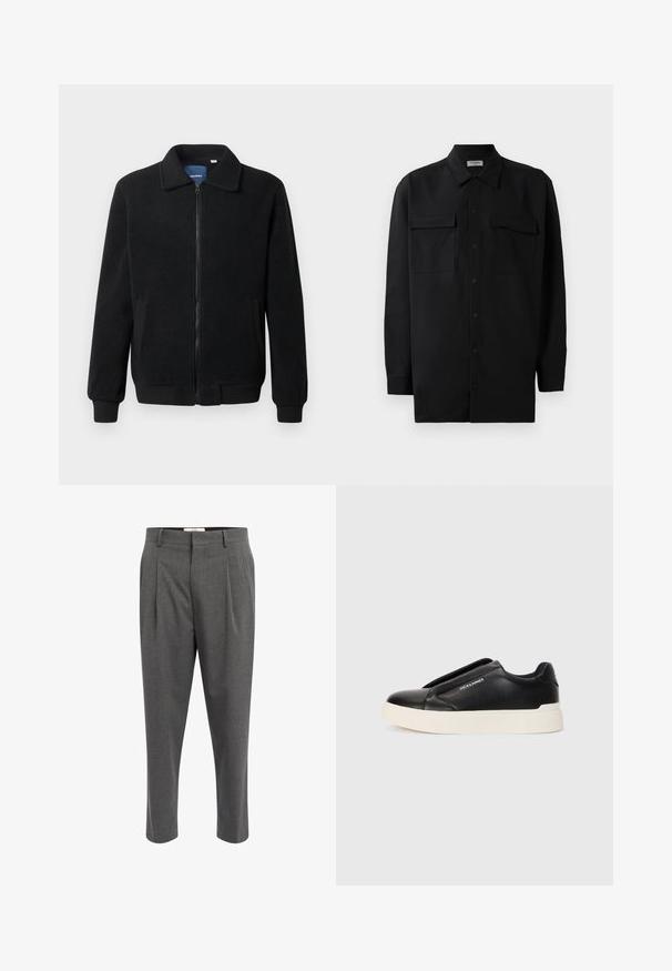 Musternahk fleece-jakk musternahaga, tõmblukk, seisev kaelus, soonikkoes varrukad ja küljetaskud tekstuurse pinnaga.; Mustmust värvi nööpidega särk, mis on valmistatud sujuvast kangast, klassikalise kraega, kahe eesmise tasku ja pikkade varrukatega, millel on nööpidega mansetid.; Hallid hallid püksid, millel on tekstuuritud kangas, voldid, sirge sääre disain ja vööde jaoks silmused. Ei ole nähtavat riistvara ega aktsente.; Must musta kingad tekstureeritud nahast pealmise osaga, valge kummist tallaga ja nähtamatute paeltega. Küljel on brändi logo.