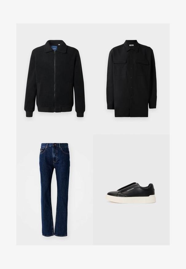 Musternahk fleece-jakk musternahaga, tõmblukk, seisev kaelus, soonikkoes varrukad ja küljetaskud tekstuurse pinnaga.; Mustmust värvi nööpidega särk, mis on valmistatud sujuvast kangast, klassikalise kraega, kahe eesmise tasku ja pikkade varrukatega, millel on nööpidega mansetid.; Tumed sinine teksapüksid otse jala kujundusega, millel on kaks esikäsku ja nupuga kinnitus. Peened õmblusdetailid.; Must musta kingad tekstureeritud nahast pealmise osaga, valge kummist tallaga ja nähtamatute paeltega. Küljel on brändi logo.