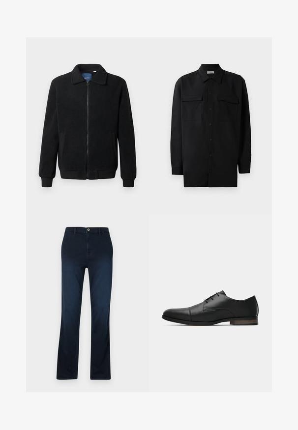 Juodas fliso džemperis su užtrauktuku, stovinčia apykakle, gumuotais rankogaliais ir šoninėmis kišenėmis, turinčiomis tekstūruotą paviršių.; Juodas marškinis su mygtukais, pagamintas iš lygaus audinio, turi klasikinius apykaklės, du priekiniai kišeniai ir ilgus rankovės su mygtukais.; Tamsiai mėlynos tiesios fasono kelnės, pagamintos iš džinsinio audinio, su užtrauktuku, diržo kilputėmis ir vienu priekiniu kišeniu su kontrastingomis siuvimo detalėmis.; Juodas odinis vyriškas oksfordo stiliaus vestuvinis batelis su apvalia nosimi, siuvinėjimu ant kapo, trimis raištelių akių skylėmis ir žemu stambiu rudu kulnu, šoninis vaizdas.