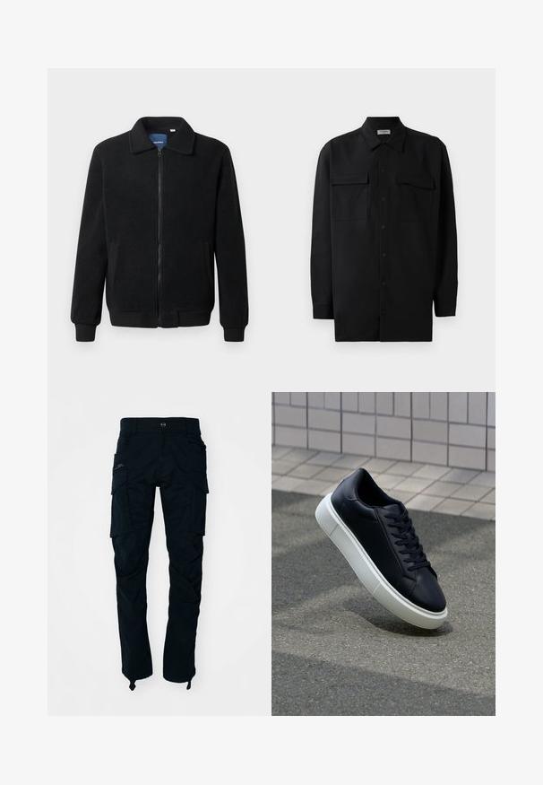 Svart fleece jakke med glidelås, høy krage, ribbestrikkede mansjetter og sidelommer med strukturert overflate.; Svart skjorte med knapper laget av glatt stoff, med klassisk krage, to frontlommer og lange ermer med knappe mansjetter.; Sorte cargo bukser laget av bomull, med flere sidelommer, en glidelåslomme og et rett ben design med justerbare ankelstropper.; Sorte skinnsneakers med rund tå og hvit gummisåle. Har flate lisser og minimal søm på overdelen. Strukturert såle for grep.