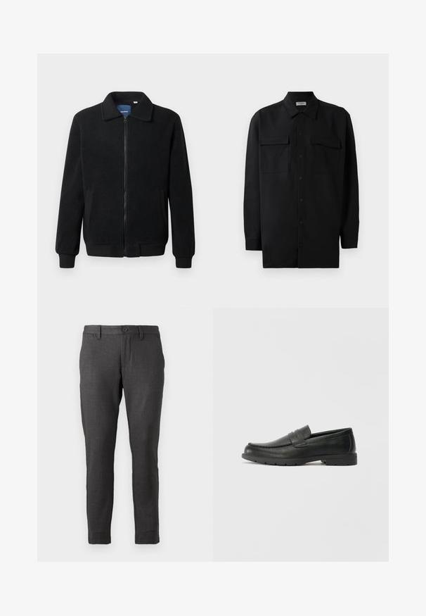 Svart fleece jakke med glidelås, høy krage, ribbestrikkede mansjetter og sidelommer med strukturert overflate.; Svart skjorte med knapper laget av glatt stoff, med klassisk krage, to frontlommer og lange ermer med knappe mansjetter.; Only & Sons MARK CHECK - Chinos - coffee bean; Svart skinnloafers med glatt finish, mokkasin-stil overdel, broderte detaljer og gummisåle. Klassisk design med lav hæl.