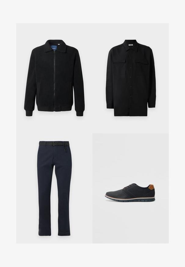 Svart fleece jakke med glidelås, høy krage, ribbestrikkede mansjetter og sidelommer med strukturert overflate.; Svart skjorte med knapper laget av glatt stoff, med klassisk krage, to frontlommer og lange ermer med knappe mansjetter.; Mørkeblå bukser med rett snitt, laget av slitesterk stoff. Har belte i svart og enkelt design uten mønstre.; Sorte syntetiske sko med en teksturert overdel, glatte detaljer, brun hæl og en kontrastfarge på sålen. Har minimalt snøring og sømdetaljer.