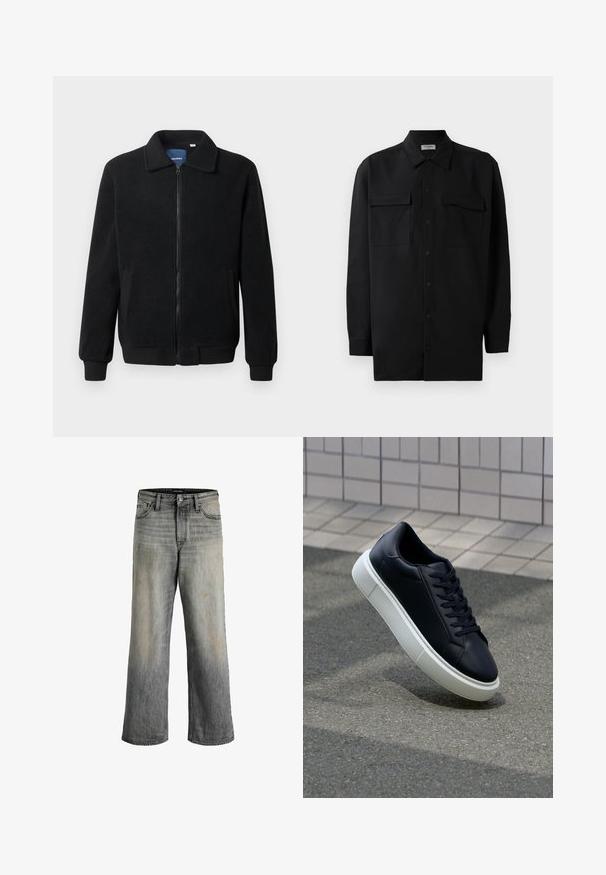 Chaqueta de forro polar negra con cierre de cremallera, cuello alzado, puños acanalados y bolsillos laterales con una superficie texturizada.; Camisa negra de botones, fabricada en tejido suave, con un cuello clásico, dos bolsillos delanteros y mangas largas con puños de botón.; Vaqueros de pierna ancha en denim gris deslavado con un ligero efecto ombré. Presenta bolsillos frontales y un detalle de costura visible. Se aprecian marcas de uso sutiles.; Zapatilla de cuero negro con punta redonda y suela de goma blanca. Presenta cordones planos y un mínimo de costuras en la parte superior. Suela texturizada para proporcionar agarre.