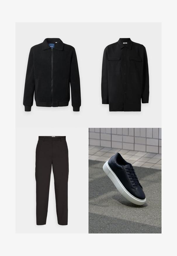 Sort fleecejakke med lynlås, opretstående krave, ribbede manchetter og sidelommer med en tekstureret overflade.; Sort skjorte med knapper lavet af glat stof, med klassisk krave, to frontlommer og lange ærmer med knapmanchetter.; Sorte bukser lavet af glat stof, med lige bendesign, bæltestropper og sidelommer. Ingen synlige mønstre eller hardware.; Sort lædersneaker med rund tå og hvid gummisål. Har flade snørebånd og minimal syning på overdelen. Tekstureret sål for bedre greb.