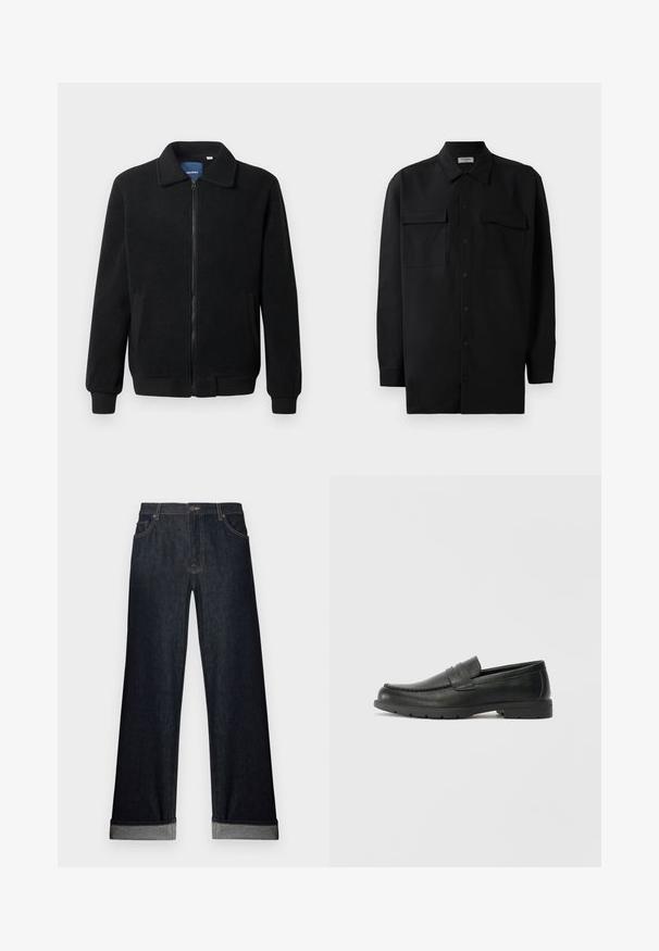 Giacca in pile nera con chiusura zip, colletto alto, polsini a coste e tasche laterali con superficie strutturata.; Camicia nera con bottoni realizzata in tessuto morbido, dotata di colletto classico, due tasche frontali e maniche lunghe con polsini a bottone.; Jeans in denim scuro a gamba larga con orlo risvoltato, chiusura con bottone e tasche anteriori. Il tessuto ha una superficie liscia con dettagli di cucitura discreti.; Mocassini neri in pelle con una finitura liscia, parte superiore in stile mocassino, dettagli cuciti e suola in gomma. Design classico con tacco basso.