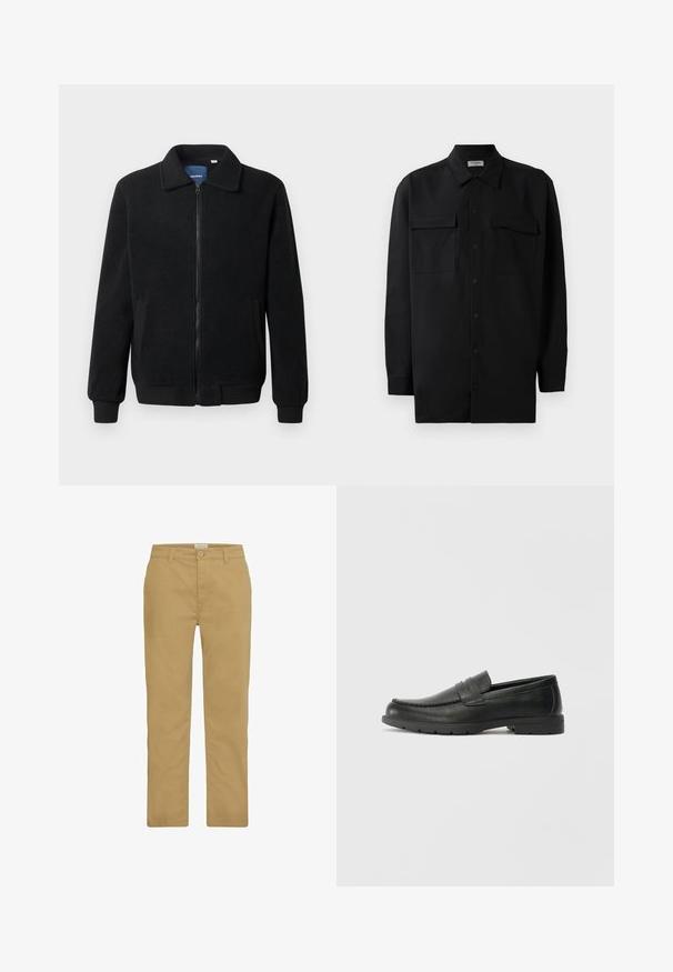 Giacca in pile nera con chiusura zip, colletto alto, polsini a coste e tasche laterali con superficie strutturata.; Camicia nera con bottoni realizzata in tessuto morbido, dotata di colletto classico, due tasche frontali e maniche lunghe con polsini a bottone.; Chinos color khaki realizzati in cotone, caratterizzati da un design a gamba dritta, chiusura con bottone e classico stile a quattro tasche. Texture liscia e cuciture minime.; Mocassini neri in pelle con una finitura liscia, parte superiore in stile mocassino, dettagli cuciti e suola in gomma. Design classico con tacco basso.