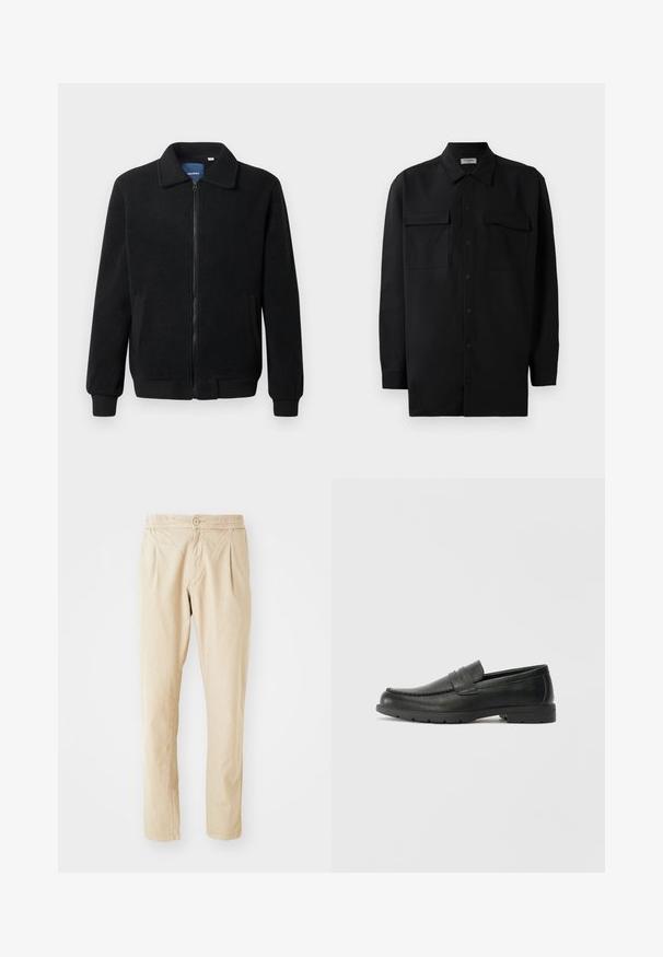 Musternahk fleece-jakk musternahaga, tõmblukk, seisev kaelus, soonikkoes varrukad ja küljetaskud tekstuurse pinnaga.; Mustmust värvi nööpidega särk, mis on valmistatud sujuvast kangast, klassikalise kraega, kahe eesmise tasku ja pikkade varrukatega, millel on nööpidega mansetid.; Beezvärvilised püksid kergelt tekstureeritud kangast, millel on elastne vöökoht, nööpkinnitus ja kaks esimest voltimist, et lisada mahtu.; Musthave nahkkingad siledast nahast, mokassiini stiilis ülevalt, tikanditega ja kummist tallaga. Klassikaline disain madala kontsaga.