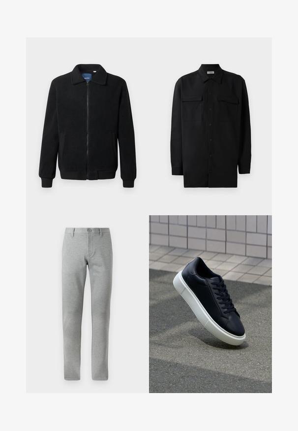 Čierna flísová bunda s uzáverom na zips, stojatým golierom, rebrovanými manžetami a bočnými vreckami s textúrovaným povrchom.; Čierna košeľa na gombíky vyrobená z hladkej tkaniny, so klasickým golierom, dvoma prednými vreckami a dlhými rukávmi s gombíkovými manžetami.; Sivé nohavice s rovnými nohavicami vyrobené z textúrovanej tkaniny. Majú zapínanie na gombík, pútka na opasok a bočné vrecká pre praktickosť.; Čierne kožené tenisky s okrúhlou špičkou a bielou gumovou podrážkou. Majú ploché šnúrky a minimálne šitie na vrchu. Textúrovaná podrážka pre lepšiu priľnavosť.