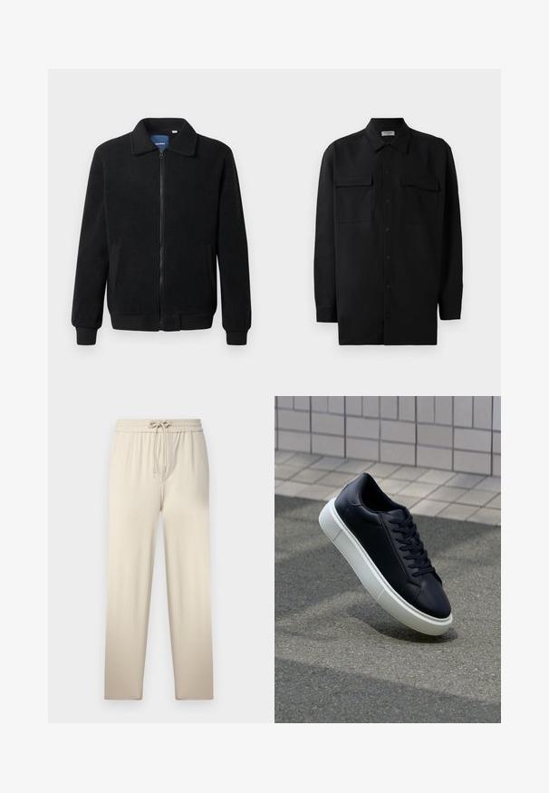 Schwarze Fleecejacke mit Reißverschluss, Stehkragen, gerippten Bündchen und seitlichen Taschen mit strukturiertem Oberflächenmaterial.; Schwarzes Hemd mit Knopfleiste aus glattem Stoff, das einen klassischen Kragen, zwei Brusttaschen und lange Ärmel mit Knopfmanschetten aufweist.; Beige Sweatpants mit einem Kordelzugbund, aus einem strukturierten Stoff und zwei Seitentaschen, die sanft zum Knöchel zulaufen.; Schwarze Leder-Sneaker mit runder Zehenpartie und weißer Gummisohle. Verfügt über flache Schnürsenkel und minimale Nähte im Obermaterial. Strukturiertes Sohlenprofil für besseren Halt.