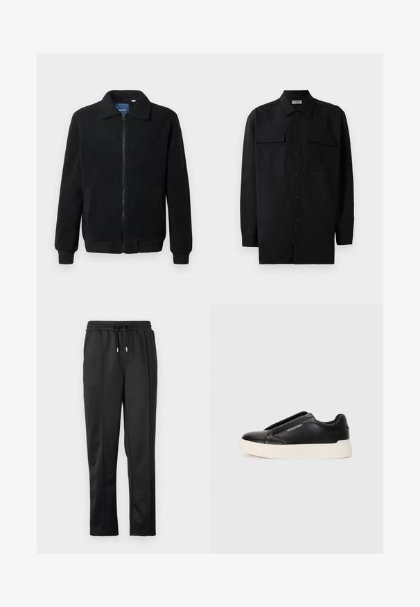 Svart fleece jakke med glidelås, høy krage, ribbestrikkede mansjetter og sidelommer med strukturert overflate.; Svart skjorte med knapper laget av glatt stoff, med klassisk krage, to frontlommer og lange ermer med knappe mansjetter.; Svart joggebukser med snor i midjen, elastisk mansjett og glatt stoff med subtile detaljer på sidene. Ingen synlig maskinvare.; Sorte slip-on joggesko med teksturert læroverdel, hvit gummisåle og ingen synlige snører. Har merkevarelogo på siden.