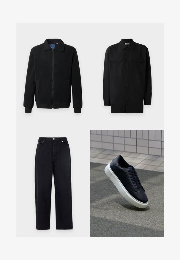 Veste en polaire noire avec fermeture éclair, col montant, poignets côtelés et poches latérales avec une surface texturée.; Chemise noire à manches longues en tissu lisse, dotée d'un col classique, de deux poches devant et de poignets à boutons.; Jean large noir en denim. Doté d'une fermeture à bouton à l'avant, de deux poches latérales et d'un design classique à 5 poches. Texture lisse.; Baskets noires en cuir avec bout arrondi et semelle en caoutchouc blanc. Elles présentent des lacets plats et une couture minimale sur la tige. Semelle texturée pour une bonne adhérence.