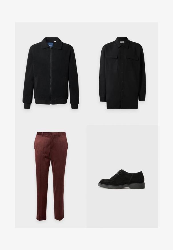 Juodas fliso džemperis su užtrauktuku, stovinčia apykakle, gumuotais rankogaliais ir šoninėmis kišenėmis, turinčiomis tekstūruotą paviršių.; Juodas marškinis su mygtukais, pagamintas iš lygaus audinio, turi klasikinius apykaklės, du priekiniai kišeniai ir ilgus rankovės su mygtukais.; Vyno raudonos kelnės iš lygaus audinio, turinčios pritaikytą siluetą, plokščiu priekiu, šoninėmis kišenėmis ir subtiliu blizgesiu.; Juodas zomšinis suknelės batelis su apvaliu nosiu, kontrastingomis siūlėmis ir guminiais padais. Jame minimalus raištelis ir lygus viršus.