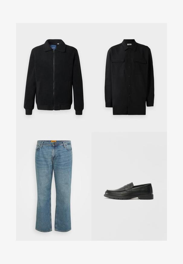 Svart fleece jakke med glidelås, høy krage, ribbestrikkede mansjetter og sidelommer med strukturert overflate.; Svart skjorte med knapper laget av glatt stoff, med klassisk krage, to frontlommer og lange ermer med knappe mansjetter.; Lys blå denim jeans med rett benkutt, fem lommer, synlige sømmer og glidelås. Merket er gult på den indre livlina.; Svart skinnloafers med glatt finish, mokkasin-stil overdel, broderte detaljer og gummisåle. Klassisk design med lav hæl.