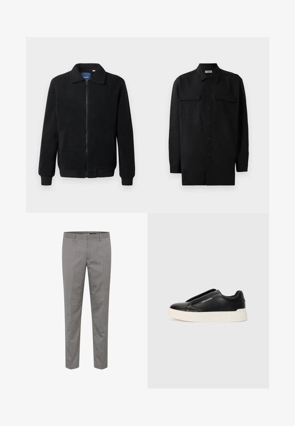 Crni flis jakna s zatvaranjem na zip, stojećim ovratnikom, rebrastim manžetama i bočnim džepovima s teksturiranom površinom.; Crna košulja s dugim rukavima od glatkog materijala, s klasičnom kragnom, dva prednja džepa i dugmadima na manžetama.; Svijetlosivi krojeni hlače s suptilnom uzorkom prugica, s ravnim prednjim dijelom, ravnim nogavicama i petljama za remen. Izrađene od tkanine s pletenom teksturom.; Crne slip-on tenisice s teksturiranim kožnim gornjištem, bijelim gumeni potplat i bez vidljivih vezica. Sadrži logotip marke sa strane.