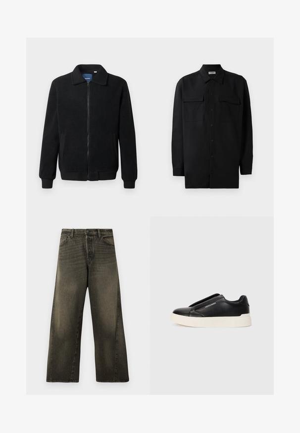 Black fleece jacket featuring a zip closure, stand collar, ribbed cuffs, and side pockets with a textured surface.; Black button-up shirt made of smooth fabric, featuring a classic collar, two front pockets, and long sleeves with button cuffs.; High-waisted, wide-leg black faded jeans with front button and zip closure, and standard front pockets.; Black slip-on sneaker with textured leather upper, white rubber sole, and no visible laces. Features brand logo on the side.