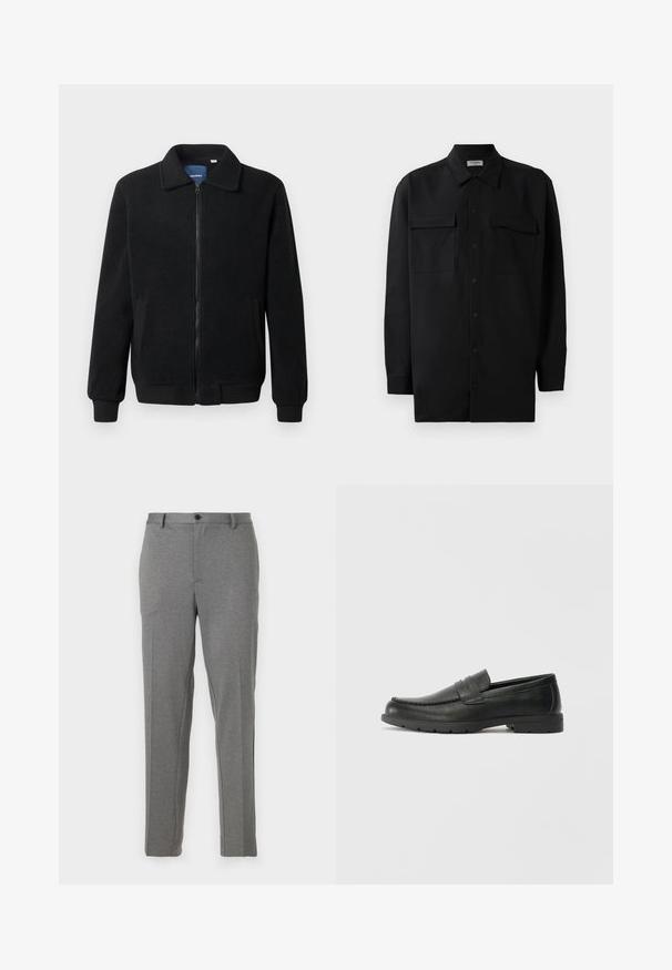 Čierna flísová bunda s uzáverom na zips, stojatým golierom, rebrovanými manžetami a bočnými vreckami s textúrovaným povrchom.; Čierna košeľa na gombíky vyrobená z hladkej tkaniny, so klasickým golierom, dvoma prednými vreckami a dlhými rukávmi s gombíkovými manžetami.; Sivé nohavice s úzkym strihom, ktoré majú hladkú textúru, jemný vzor, zapínanie na zips a gombík, s prednými vreckami a zúženými nohavicami.; Čierne kožené mokasíny s hladkým povrchom, vrchnou časťou v štýle mokasín, prešitým detailom a gumovou podrážkou. Klasický dizajn s nízkym podpätkom.