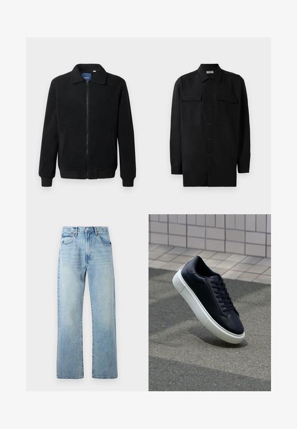 Musternahk fleece-jakk musternahaga, tõmblukk, seisev kaelus, soonikkoes varrukad ja küljetaskud tekstuurse pinnaga.; Mustmust värvi nööpidega särk, mis on valmistatud sujuvast kangast, klassikalise kraega, kahe eesmise tasku ja pikkade varrukatega, millel on nööpidega mansetid.; Heledad sinine denimhari, laiad sirged jalad, viie taskuga disain ja vöödega kaunistatud talje. Kangas näitab kergelt pleekinud tekstuuri.; Mustast nahast tennisetoss, millel on ümar nina ja valge kummist tall. Omab siredaid paelu ja minimaalset õmblemist ülemises osas. Tekstuuriga tald, mis tagab haakuvuse.