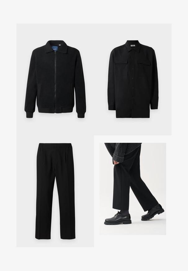 Juodas fliso džemperis su užtrauktuku, stovinčia apykakle, gumuotais rankogaliais ir šoninėmis kišenėmis, turinčiomis tekstūruotą paviršių.; Juodas marškinis su mygtukais, pagamintas iš lygaus audinio, turi klasikinius apykaklės, du priekiniai kišeniai ir ilgus rankovės su mygtukais.; Juodi kelnės, pagamintos iš lygaus audinio, su elastinga juosmens juosta, tiesaus kirpimo dizainu ir dviem priekinėmis raukšlėmis papildomam akcentui.; Juodos odinės kojinės su apvalia nosimi, raištelių dizainu ir storu, tekstūriniu padu. Dėvimos su pritaikytomis juodomis kelnėmis ir liniuotėmis megztiniu.