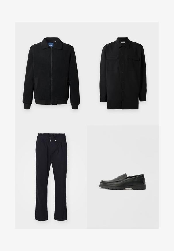 Fekete bolyhos dzseki cipzárral, állógallérral, bordázott mandzsettákkal és oldalzsebekkel, textúrált felülettel.; Fekete gombos ing, sima anyagból készült, klasszikus gallérral, két elülső zsebbel és hosszú ujjakkal, amelyek gombos mandzsettával záródnak.; Fekete, könnyű nadrág elasztikus derékkal és húzózsinórral. Lazán illeszkedő szabású, plisszált, az alja felhajtott. Légáteresztő anyagból készült.; Fekete bőr mokaszinok sima felülettel, a mokaszin stílusú felsőrésszel, varrott részletezéssel és gumitalppal. Klasszikus dizájn alacsony sarokkal.