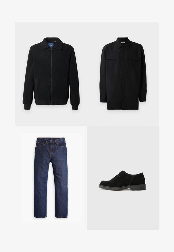 Musta fleece-takki, jossa on vetoketjulla suljettavat, pystykaulus, ribbireunat ja sivutaskut, joissa on teksturoitu pinta.; Musta napillinen paita, joka on valmistettu sileästä kankaasta. Paita sisältää klassisen kaulan, kaksi etutaskua ja pitkät hihat, joissa on nappivarat.; Tummansiniset suorat farkut, joissa on etunappi, vetoketjuhäntä, viisi taskua ja kupariset niittiyksityiskohdat.; Musta mokkanahkakengät pyöreällä varvalla, kontrastivärillä ommeltuna ja kumipohjalla. Ominaisuuksiin kuuluu vähäinen nauhoitus ja sileä yläosa.