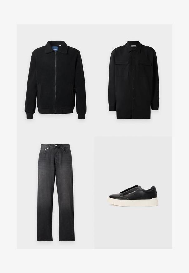 Veste en polaire noire avec fermeture éclair, col montant, poignets côtelés et poches latérales avec une surface texturée.; Chemise noire à manches longues en tissu lisse, dotée d'un col classique, de deux poches devant et de poignets à boutons.; Jean noir taille haute à jambes droites avec bouton et fermeture éclair à l'avant, deux poches avant et un léger délavage.; Baskets noires à enfiler avec un dessus en cuir texturé, semelle en caoutchouc blanche et sans lacets visibles. Présente le logo de la marque sur le côté.