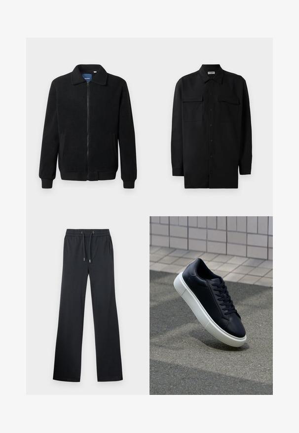 Črna flis jakna z zadrgo, stoječim ovratnikom, rebrastimi zapestji in stranskimi žepi s teksturirano površino.; Črn srajčni zgornji del iz gladkega materiala, s klasičnim ovratnikom, dvema sprednjima žepoma in dolgimi rokavi z gumbi na manšetah.; Črne široke hlače iz mehkega materiala. Opremljene so z elastičnim pasom in vrvico, ter subtilnim sijajem. Brez vidnih vzorcev ali dodatkov.; Črne usnjene superge z zaobljenim prstom in belim gumijastim podplat. Imajo ravne vezalke in minimalno šivanje na zgornjem delu. Teksturirani podplat za oprijem.