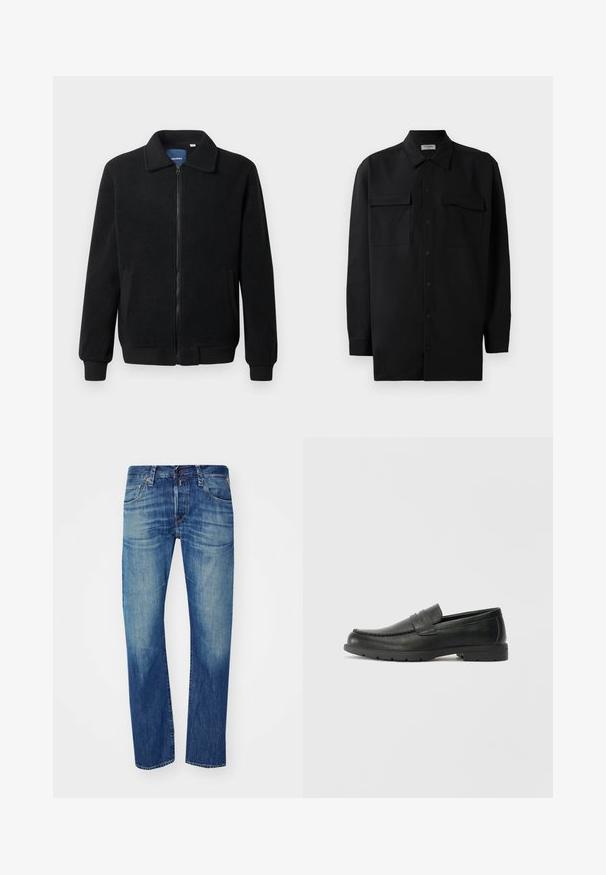 Musternahk fleece-jakk musternahaga, tõmblukk, seisev kaelus, soonikkoes varrukad ja küljetaskud tekstuurse pinnaga.; Mustmust värvi nööpidega särk, mis on valmistatud sujuvast kangast, klassikalise kraega, kahe eesmise tasku ja pikkade varrukatega, millel on nööpidega mansetid.; Sinine teksapüksa sirge lõikega, millel on pleekinud aksendid, viie tasku disain ja nööbkinnitus vöökoha juures.; Musthave nahkkingad siledast nahast, mokassiini stiilis ülevalt, tikanditega ja kummist tallaga. Klassikaline disain madala kontsaga.