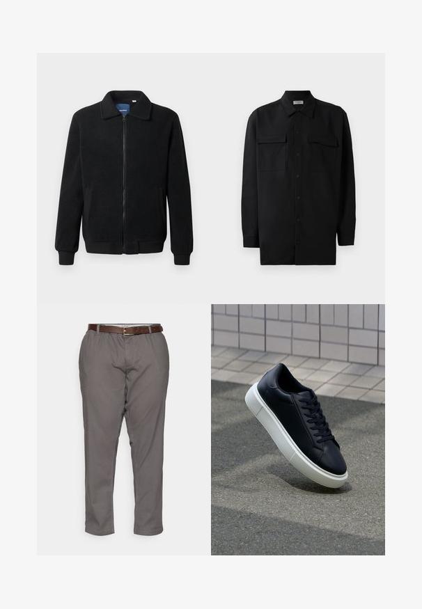Crni flis jakna s zatvaranjem na zip, stojećim ovratnikom, rebrastim manžetama i bočnim džepovima s teksturiranom površinom.; Crna košulja s dugim rukavima od glatkog materijala, s klasičnom kragnom, dva prednja džepa i dugmadima na manžetama.; Sive hlače opuštenog kroja, sa smešnim kožnim pojasom, bočnim džepovima i glatkom teksturom tkanine. Oštrene na gležnjevima.; Crne kožne tenisice s zaobljenim vrhom i bijelim gumiranim potplatom. Imaju ravne vezice i minimalno šivanje na gornjem dijelu. Teksturirani potplat za bolje prianjanje.