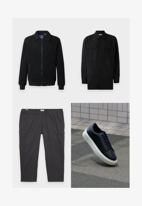Juodas fliso džemperis su užtrauktuku, stovinčia apykakle, gumuotais rankogaliais ir šoninėmis kišenėmis, turinčiomis tekstūruotą paviršių.; Juodas marškinis su mygtukais, pagamintas iš lygaus audinio, turi klasikinius apykaklės, du priekiniai kišeniai ir ilgus rankovės su mygtukais.; Juodos cargo kelnės su elastine juosta, šoninėmis kišenėmis ir mygtukų akcentais. Pagaminta iš lengvos, glotnios medžiagos.; Juodas odinis sportbačius su apvaliu pirštu ir baltu gumuotu padu. Turi plokščias raišteles ir minimalų siuvimą viršuje. Padangos tekstūra užtikrina sukibimą.