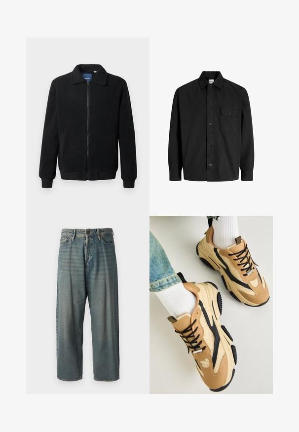 Schwarze Fleecejacke mit Reißverschluss, Stehkragen, gerippten Bündchen und seitlichen Taschen mit strukturiertem Oberflächenmaterial.; Schwarzes Langarm-Hemd mit Knopfleiste, Kragen und einer einzelnen Brusttasche mit knöpfbarem Deckel.; Helle blaue Denim-Jeans mit lockerer Passform, mittelhoher Taille und geraden Beinen. Hat fünf Taschen, Gürtelschlaufen und einen Knopfverschluss.; Steve Madden POSSESS - Sneaker low - khaki