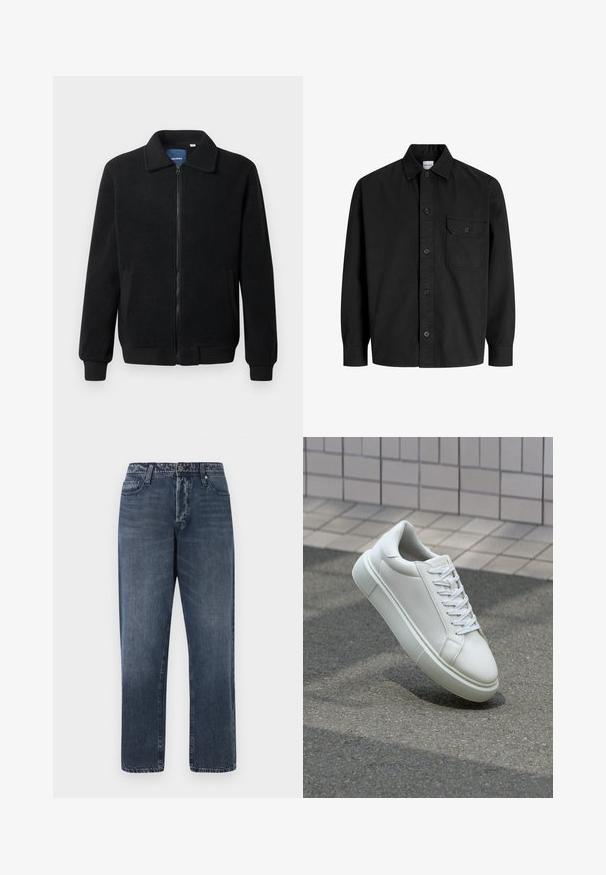 Musta fleece-takki, jossa on vetoketjulla suljettavat, pystykaulus, ribbireunat ja sivutaskut, joissa on teksturoitu pinta.; Mustapaita, jossa on pitkät hihat, napitus, kaulus ja yksi rintatasku nappisuljennalla.; Jack & Jones JJIEDDIE JJORIGINAL - Baggy-farkut - blue denim; Valkoinen nahkainen lenkkari, jossa on sileä pinta, pyöreä kärki ja tasaiset valkoiset nauhat. Varustettu teksturoidulla kumi-pohjalla ja vähäisillä muotoiluelementeillä.