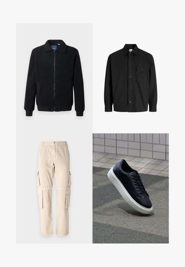 Črna flis jakna z zadrgo, stoječim ovratnikom, rebrastimi zapestji in stranskimi žepi s teksturirano površino.; Črna dolga srajca s poudarjeno zapenjanjem in ovratnikom, ki ima en sam žep na prsih s pokrovčkom na gumb.; Beige cargo hlače iz bombaža. Imajo stranske žepke, ravno krojenje in gumb za zapiranje v pasu. Preprosti šivi.; Črne usnjene superge z zaobljenim prstom in belim gumijastim podplat. Imajo ravne vezalke in minimalno šivanje na zgornjem delu. Teksturirani podplat za oprijem.