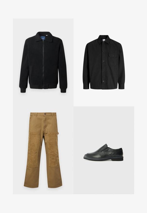 Svart fleecjacka med dragkedja, ståkrage, ribbade muddar och sidofickor med texturerad yta.; Svart långärmad skjorta med knappar, krage och en enda bröstficka med knäppt klaff.; Cargo-byxor i brunt bomull med kontrasterande ribbade tygfickor, rak benstil, fem fickor och knappstängning.; Svart lädersko i slip-on-modell med en slät ovandel, sömnadsdetaljer, rund tå och låg gummihäl. Sulan har minimal mönstring.