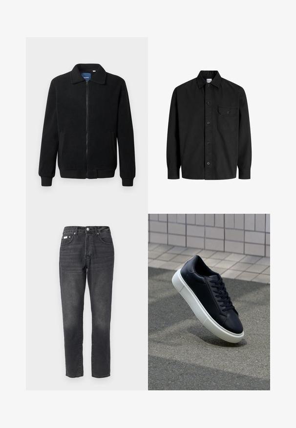 Črna flis jakna z zadrgo, stoječim ovratnikom, rebrastimi zapestji in stranskimi žepi s teksturirano površino.; Črna dolga srajca s poudarjeno zapenjanjem in ovratnikom, ki ima en sam žep na prsih s pokrovčkom na gumb.; Črne kavbojke iz denima s pravim krojem, petimi žepi in diskretnim zbledelostjo. Zaključene z gumbom in zadrgo.; Črne usnjene superge z zaobljenim prstom in belim gumijastim podplat. Imajo ravne vezalke in minimalno šivanje na zgornjem delu. Teksturirani podplat za oprijem.