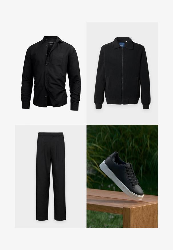 Schwarze Fleecejacke mit Reißverschluss, Stehkragen, gerippten Bündchen und seitlichen Taschen mit strukturiertem Oberflächenmaterial.; Schwarzes Button-Up-Hemd aus Baumwolle mit einer Brusttasche, spitzem Kragen, langen Ärmeln und geradem Saum. Glatte Textur ohne Muster.; Schwarze Hose aus glattem Stoff, mit geradem Bein Design, zwei vorderen Falten und einem Standardbund mit Gürtelschlaufen.; Schwarze Leder-Sneaker mit glatter Oberfläche, weißer Gummisohle und sechs Ösen für Schnürsenkel, auf einer Holzfläche präsentiert.