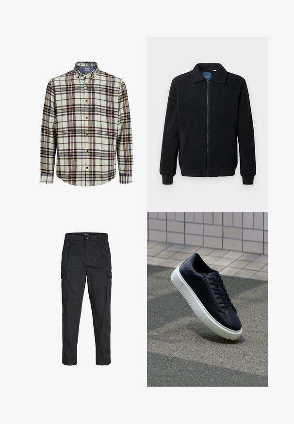 Sort fleecejakke med lynlås, opretstående krave, ribbede manchetter og sidelommer med en tekstureret overflade.; Rutet flannel skjorte i cream, blå og brun. Lange ærmer, knaplukning foran, standard krave, med en brystlomme og afrundet kant.; Sorte cargo-bukser lavet af slidstærkt stof, der har flere lommer, en knaplukning og et slim fit design med smalle ben.; Sort lædersneaker med rund tå og hvid gummisål. Har flade snørebånd og minimal syning på overdelen. Tekstureret sål for bedre greb.