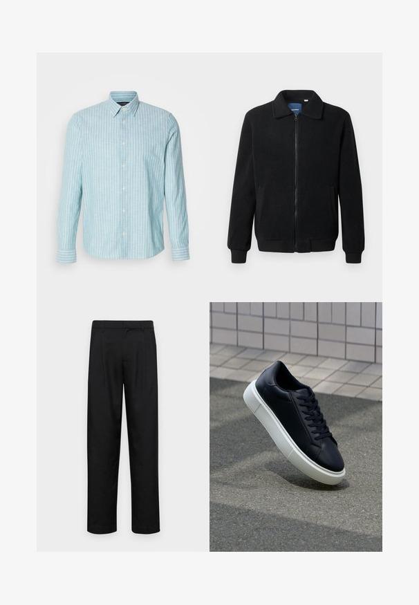 Zwarte fleece jas met een ritssluiting, staande kraag, ribgebreide manchetten en zijzakken met een textuur.; Lichtblauw overhemd met lange mouwen en knoopsluiting, voorzien van witte verticale strepen. Het shirt heeft een klassieke kraag en een zachte textuur, met een casual ontwerp.; Zwarte broeken van gladde stof, met een recht model, twee voorknikken en een standaard tailleband met riemlussen.; Zwarte leren sneaker met een ronde neus en een witte rubberen zool. Voorzien van platte veters en minimale stiksels op het bovenwerk. Textuurrijke zool voor grip.
