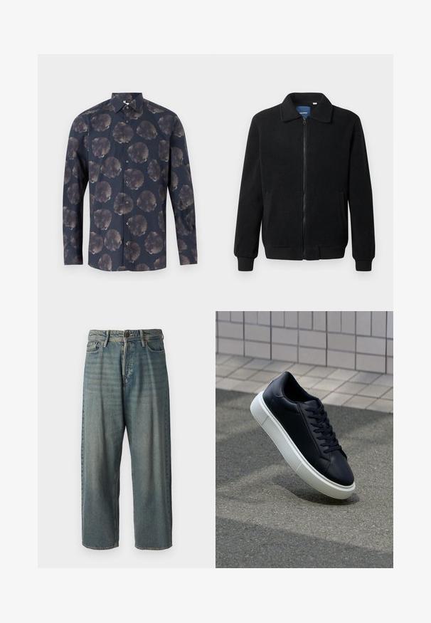 Black fleece jacket featuring a zip closure, stand collar, ribbed cuffs, and side pockets with a textured surface.; Long-sleeve shirt in dark navy with a floral pattern featuring large, muted flowers. Button-up front with classic collar and fabric texture.; Light blue denim jeans with a loose fit, mid-rise waist, and straight legs. Features five pockets, belt loops, and a button closure.; Black leather sneaker with rounded toe and white rubber sole. Features flat laces and minimal stitching on the upper. Textured sole for grip.