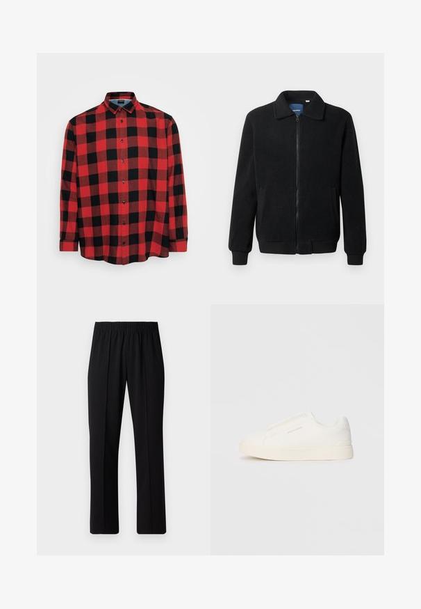Sort fleecejakke med lynlås, opretstående krave, ribbede manchetter og sidelommer med en tekstureret overflade.; Rød og sort ternet langærmet skjorte i bomuldsstof, med knap-ned krave, sorte knapper, der har et stort rutet mønster og buet kant.; Sorte bukser med elastisk talje og lige ben, der har en glat tekstur og ingen synlige mønstre eller hardware.; Hvide slip-on sneakers med en struktureret overflade, en tyk sål og et minimalistisk design. Har brandlogoet på siden.