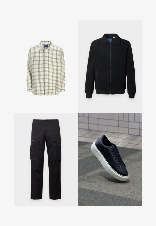 Zwarte fleece jas met een ritssluiting, staande kraag, ribgebreide manchetten en zijzakken met een textuur.; Lange mouw overhemd in crème met een zwart roosterpatroon. Gemaakt van lichte stof, met een kraag en lange mouwen.; Zwarte cargobroek met meerdere zakken, een ritszak op de dij, rechte pasvorm en stevige katoen met een subtiele glans.; Zwarte leren sneaker met een ronde neus en een witte rubberen zool. Voorzien van platte veters en minimale stiksels op het bovenwerk. Textuurrijke zool voor grip.