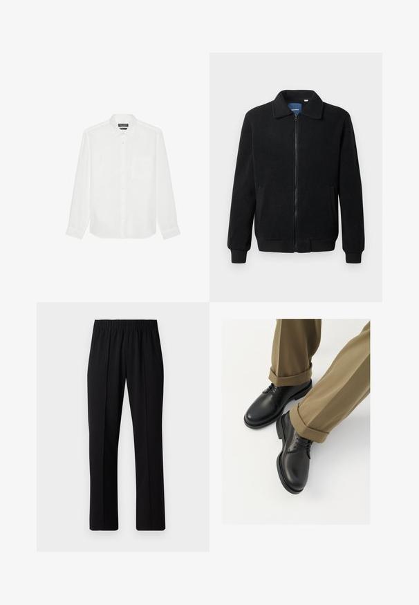 Fekete bolyhos dzseki cipzárral, állógallérral, bordázott mandzsettákkal és oldalzsebekkel, textúrált felülettel.; Fehér, hosszú ujjú lenvászon ing, gombos gallérral, elülső zsebel, és gombos zárással elöl. Texturált anyag.; Fekete, gumíros derekú nadrág egyenes szabással, sima felülettel, látható minták vagy fémrészek nélkül.; Fekete bőröntyös cipők sima felülettel, fűzővel és kerek orral, feltekerhető khaki nadrággal párosítva.