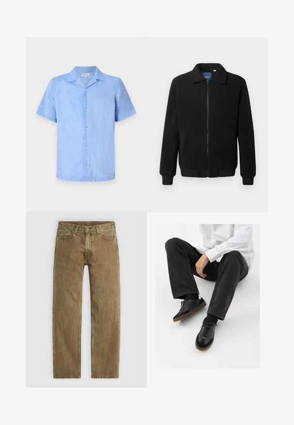 Sort fleecejakke med lynlås, opretstående krave, ribbede manchetter og sidelommer med en tekstureret overflade.; Kortærmet skjorte med knapper i lys blå hør, der har krave, frontknaplukning og en afslappet pasform. Glat tekstur med minimal detaljer.; Lysebrune denimbukser med lige ben design, fem lomme stil og hardware i kopfarbe. Struktureret stof med synlige sømdetaljer.; Sorte sneakers med en glat og tekstureret overdel, der har en gummisål og mørke snørebånd. Bæret sammen med sorte jeans og en hvid stribet skjorte.
