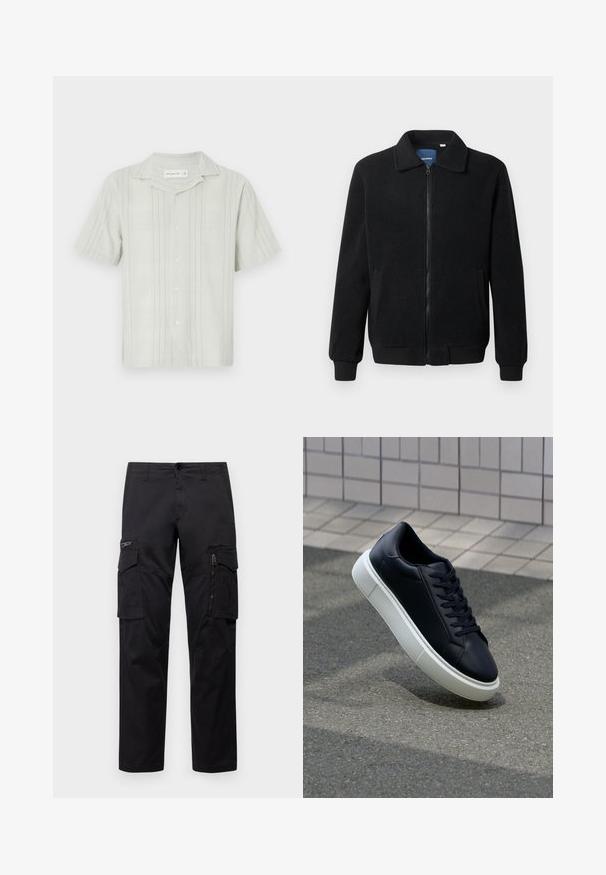 Melnā vilnas jaka ar rāvējslēdzēju, stāvošu apkakli, ribotām piedurknēm un sānu kabatām ar teksturētu virsmu.; Gai zaļš īsām piedurknēm krekls no teksturētas auduma, ar vertikālām svītrām, kempinga tipa apkakli un pogājamu priekšpusi.; Melnas cargo bikses ar vairākiem kabatām, ar rāvējslēdzēju kabatu uz augšstilba, taisnu piegriezumu un izturīgu kokvilnas audumu ar vieglu spīdumu.; Melnas ādas kedas ar noapaļotu pirkstu un baltu gumijas zoli. Iespējas - plakanas šņorītes un minimāla apdare augšdaļā. Struktūrēta zole, lai nodrošinātu saķeri.