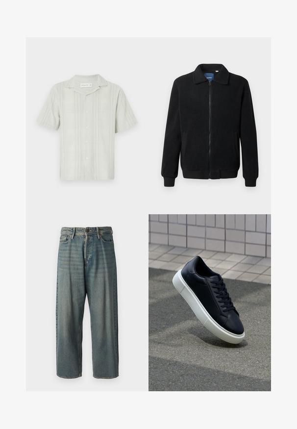 Fekete bolyhos dzseki cipzárral, állógallérral, bordázott mandzsettákkal és oldalzsebekkel, textúrált felülettel.; Világoszöld, rövid ujjú ing, texturált anyagból készült, függőleges csíkokkal, sátorcímmel és gombos elülső résszel.; Világoskék farmernadrág, laza fazonnal, közepes derékbőséggel és egyenes szárral. Öt zsebet, övbucskát és gombos záródást tartalmaz.; Fekete bőr sportcipő lekerekített orral és fehér gumitalppal. Lapos fűzőkkel és minimális varrásokkal rendelkezik a felsőrészén. Mintás talp a tapadásért.