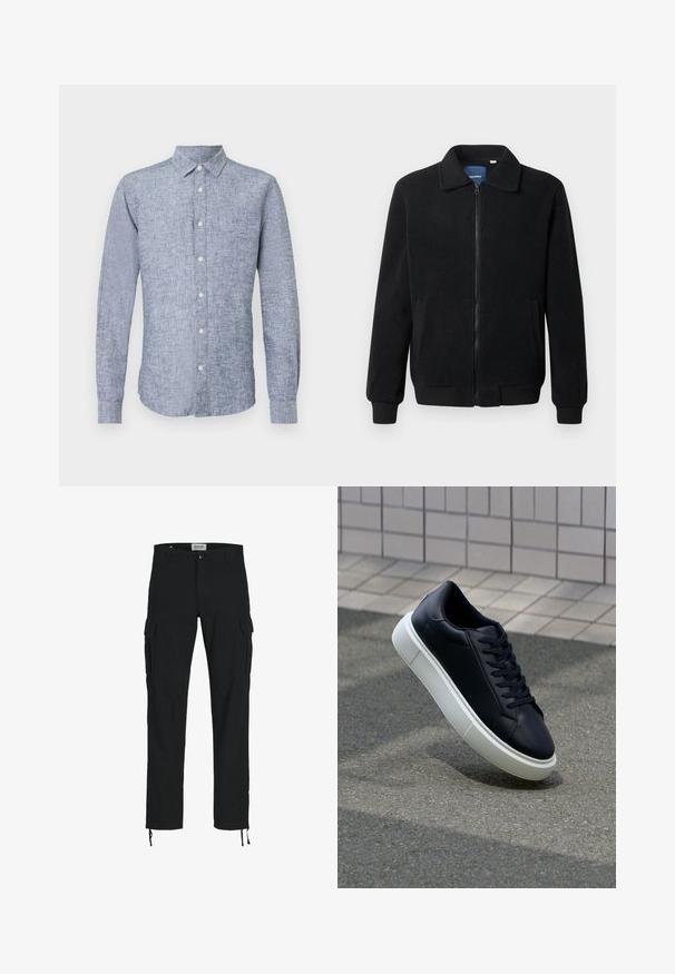 Črna flis jakna z zadrgo, stoječim ovratnikom, rebrastimi zapestji in stranskimi žepi s teksturirano površino.; Modra lanena srajca z dolgimi rokavi in gumbastim ovratnikom, ki ima strukturirano tkanino in zaobljen rob. Pet sprednjih gumbov v eni vrsti.; Črne cargo hlače s ravnim krojem, opremljene z bočnimi žepi, z gumbom za zapiranje in elastičnimi vrvicami pri gležnjih. Narejene iz trpežnega materiala.; Črne usnjene superge z zaobljenim prstom in belim gumijastim podplat. Imajo ravne vezalke in minimalno šivanje na zgornjem delu. Teksturirani podplat za oprijem.