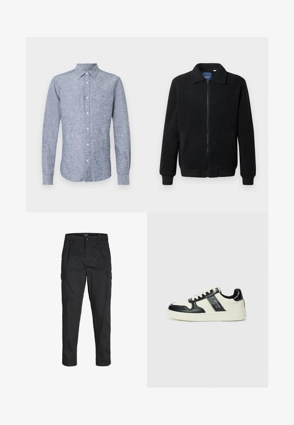 Zwarte fleece jas met een ritssluiting, staande kraag, ribgebreide manchetten en zijzakken met een textuur.; Blauwe linnen overhemd met lange mouwen en een button-down kraag, met een gestructureerde stof en een gebogen zoom. Vijf knopen aan de voorkant in een enkele rij.; Zwarte cargobroek van stevig stof, met meerdere zakken, een knoopsluiting en een slim fit ontwerp met taps toelopende benen.; Leren sneakers met een zwart en crèmekleurig kleurenschema, voorzien van geperforeerde accenten, een gevoerde kraag en een gestructureerde buitenzool.