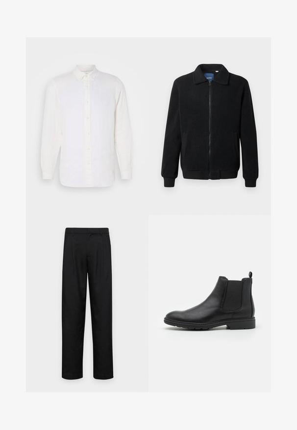 Čierna flísová bunda s uzáverom na zips, stojatým golierom, rebrovanými manžetami a bočnými vreckami s textúrovaným povrchom.; Biela ľanová košeľa s dlhým rukávom a golierom s gombíkmi, s predným zapínaním na gombíky a béžovými gombíkmi, hladkou textúrou a voľným strihom.; Čierne nohavice vyrobené z hladkej tkaniny, s rovnými nohavicami, dvoma prednými skladmi a štandardným pásom s pútkami na opasok.; Čierne kožené Chelsea čižmy s elastickými bočnými panelmi a pútkom, s okrouhlym špičkou a texturovanou gumenou podrážkou.